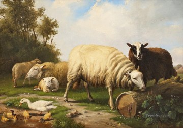 Sheep Shepherd Painting - Eugene Verboeckhoven Schafe und Enten sheep